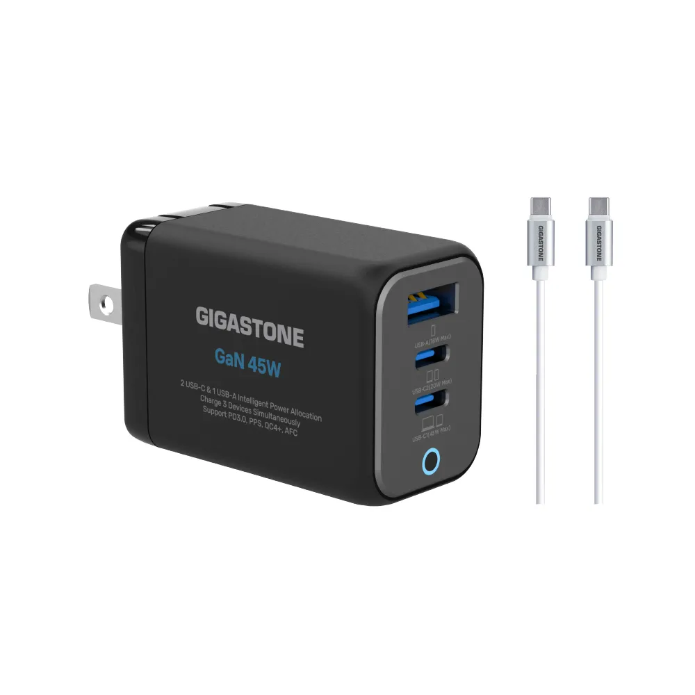 【Gigastone 立達國際】GaN 45W氮化鎵Type-C三孔快充充電器+C to C充電傳輸線(iPhone17/Mac/Switch充電頭)