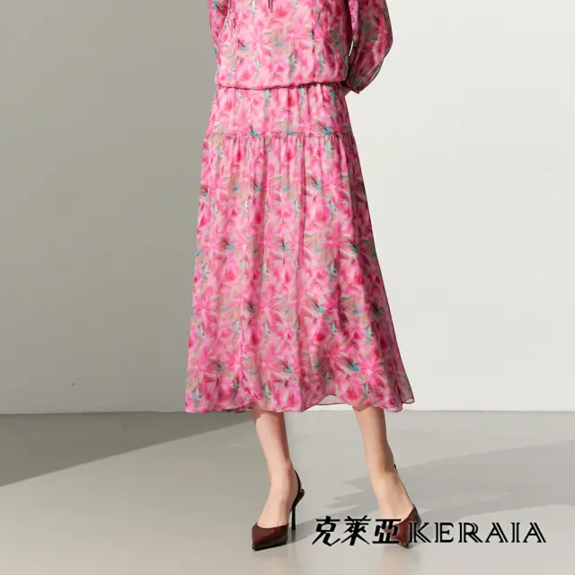 【KERAIA 克萊亞】桃粉戀花影印花雪紡長裙