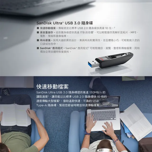 【SanDisk 晟碟】256GB Ultra USB 3.0 CZ48  高速隨身碟(最高讀取130MB/s 原廠5年保固)