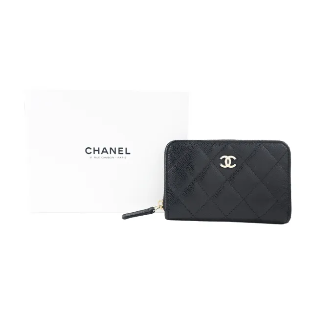 【CHANEL 香奈兒】經典雙C LOGO菱格紋牛皮拉鍊多層零錢卡片包(黑色)