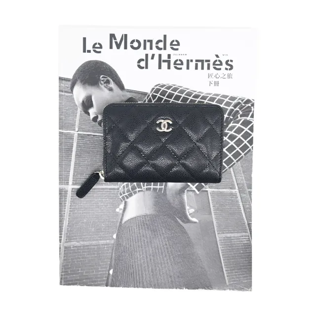 【CHANEL 香奈兒】經典雙C LOGO菱格紋牛皮拉鍊多層零錢卡片包(黑色)