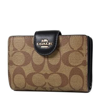【COACH】立體馬車緹花LOGO防刮釦式中夾-卡其黑