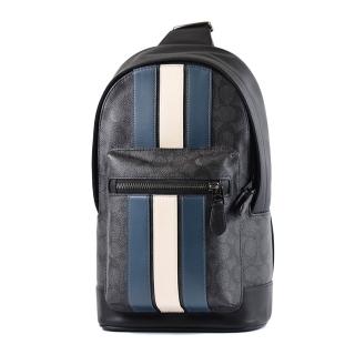 【COACH】男款 直紋緹花LOGO防刮皮革單肩背胸包-灰黑