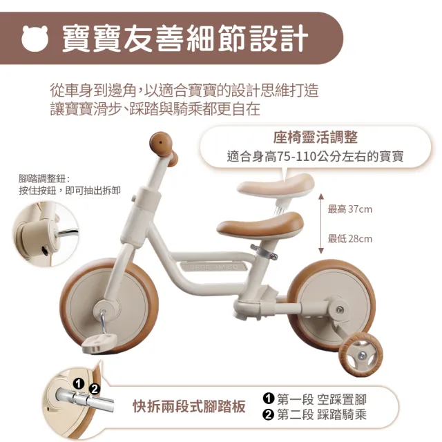 【BEBE Amico】Joyride 4合1多功能成長三輪車(兒童推車/腳踏車)