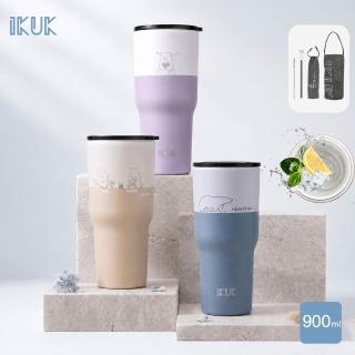 【IKUK 艾可】真陶瓷內膽保溫保冰杯-吸管杯冰壩杯900ml贈5件組配件(吸管杯/保溫瓶/環保杯)