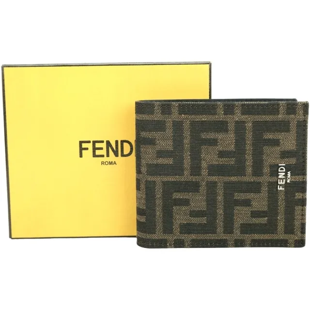 【FENDI 芬迪】FF 老花帆布對折短夾(棕色 皮夾 錢包)