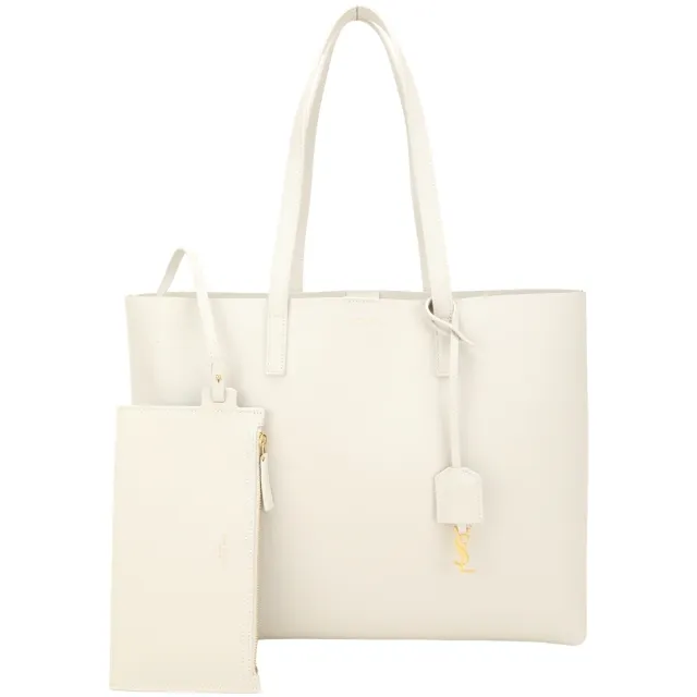 【YSL】Saint Laurent E/W 軟質牛皮 肩背托特包(附可拆萬用包 復古白 通勤包)