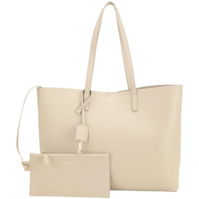 【YSL】Saint Laurent E/W 軟質牛皮 肩背托特包(附可拆萬用包 奶茶色 手提包 通勤包)
