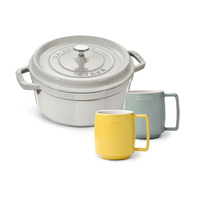 【STAUB】松露白圓形琺瑯鑄鐵鍋20cm3件組附陶瓷拿鐵杯350ml二入(德國雙人牌集團官方直營)