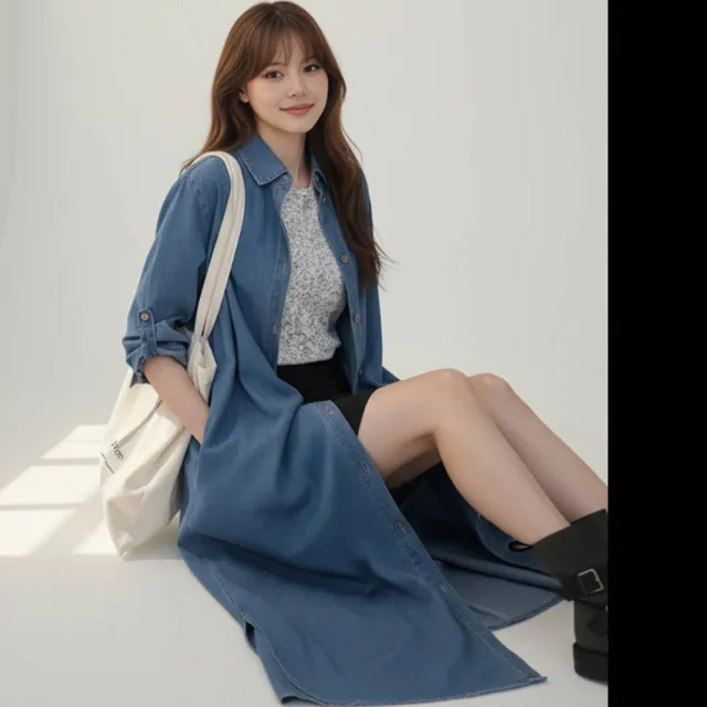 HANA DOGE ハナ・ドーゲ 美式休閒簡約風百搭不敗款多變穿搭超長版牛仔襯衫外套長洋裝