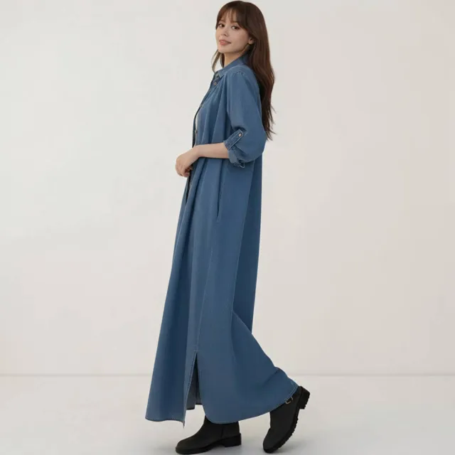 HANA DOGE ハナ・ドーゲ 美式休閒簡約風百搭不敗款多變穿搭超長版牛仔襯衫外套長洋裝