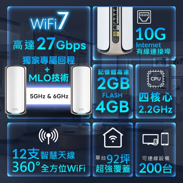 【NETGEAR】Orbi RBE973 BE27000  四頻 WiFi 7 Mesh 延伸系統 路由器+2衛星(Mesh分享器)