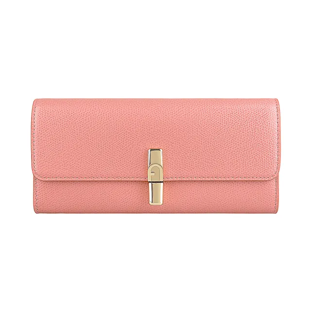 【FURLA 芙拉】FURLA 拱形金釦LOGO Iride系列小牛皮8卡翻蓋磁釦式長夾(玫瑰木紅x芭蕾粉紅)