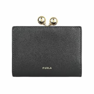 【FURLA 芙拉】FURLA 燙金LOGO Dots系列小牛皮6卡按釦式口金零錢中夾(黑)