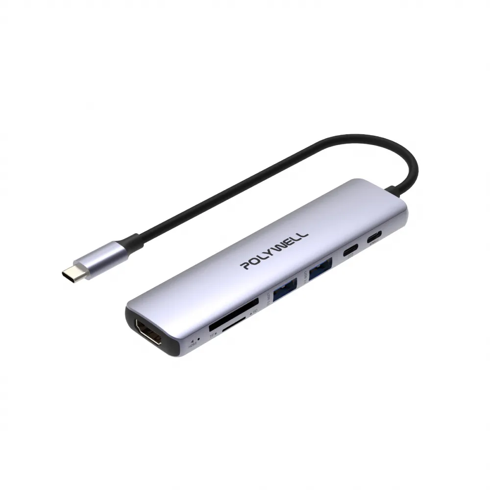 【POLYWELL】Type-C七合一集線器 HUB 100W PD快充 5G HDMI SD TF
