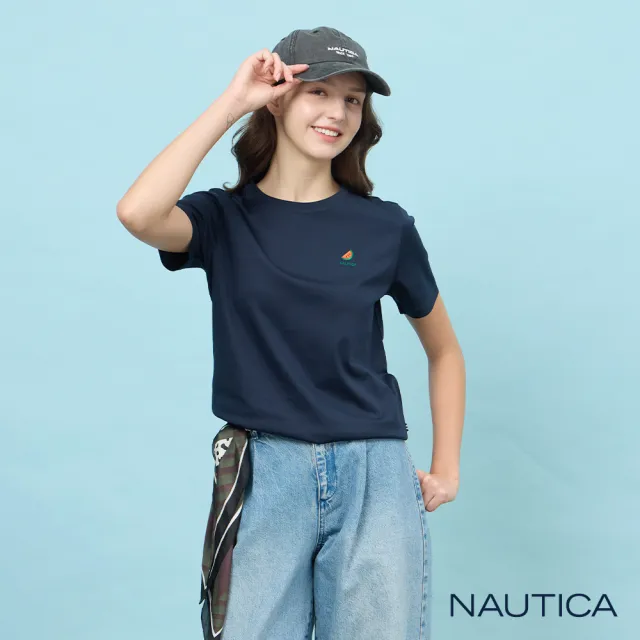 【NAUTICA】官方旗艦 女裝 西瓜圖騰刺繡涼感短袖T恤-深藍色