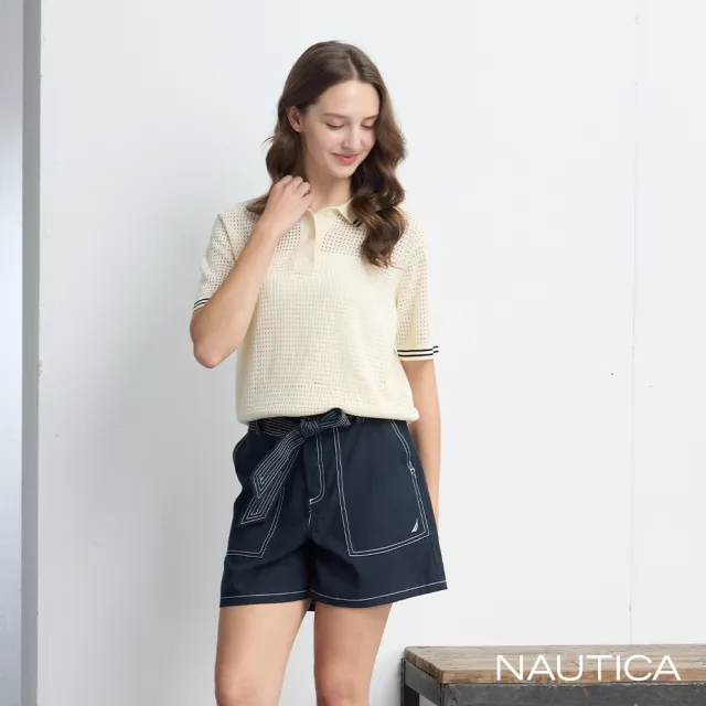 【NAUTICA】官方旗艦 女裝 鏤空針織POLO衫-白色