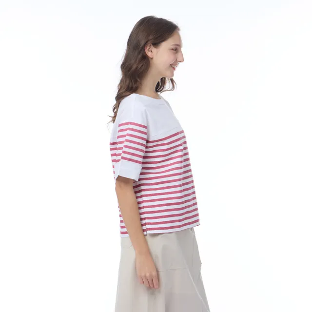 【NAUTICA】官方旗艦 女裝 紅條紋棉麻短袖上衣-紅色