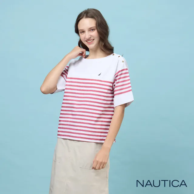【NAUTICA】官方旗艦 女裝 紅條紋棉麻短袖上衣-紅色