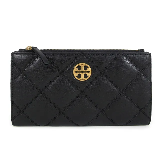 【TORY BURCH】WILLA 復古菱格紋皮革多卡式長夾-黑色