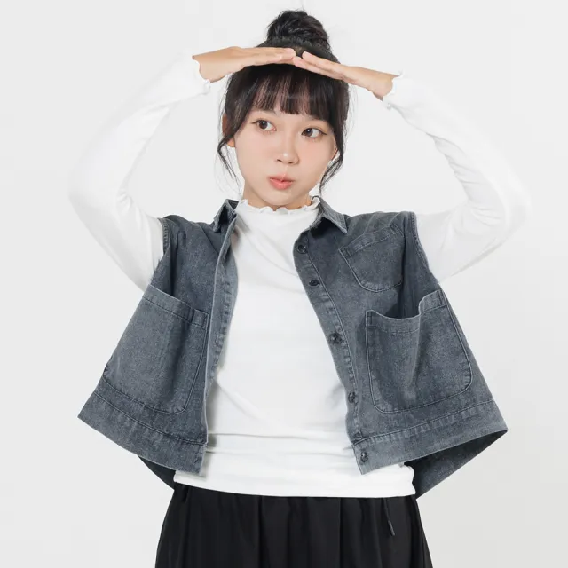 【PINK NEW GIRL】個性水洗牛仔口大袋背心外套 B1704BC