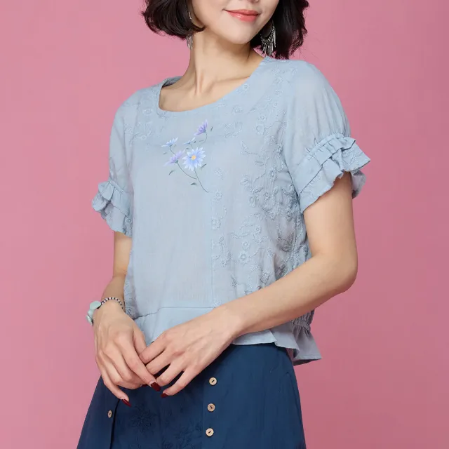 【古典美】63069 手繪刺繡荷葉上衣
