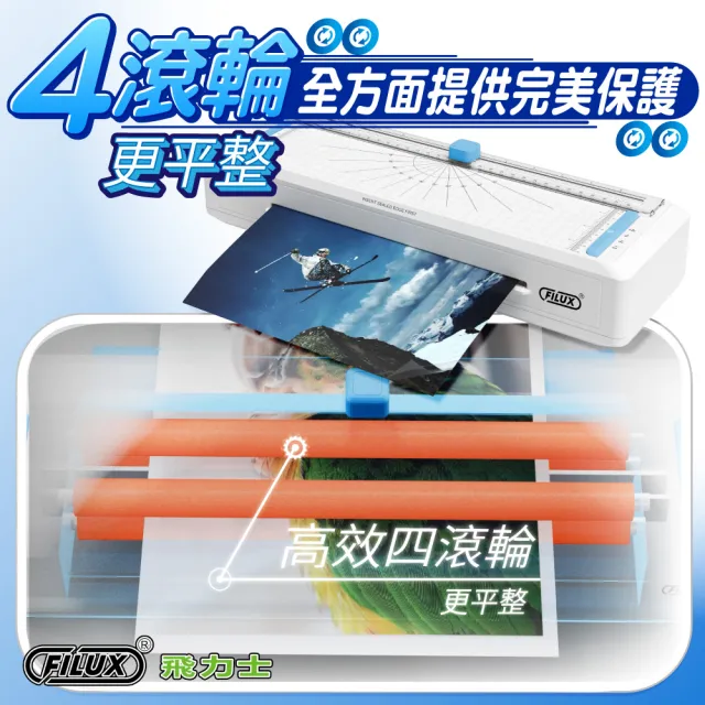 【FILUX 飛力士】七合一四滾輪裁切冷熱A4護貝機 LMTC-007HC+20張A4膠膜(0秒免預熱 高速護貝機+膜超值組)
