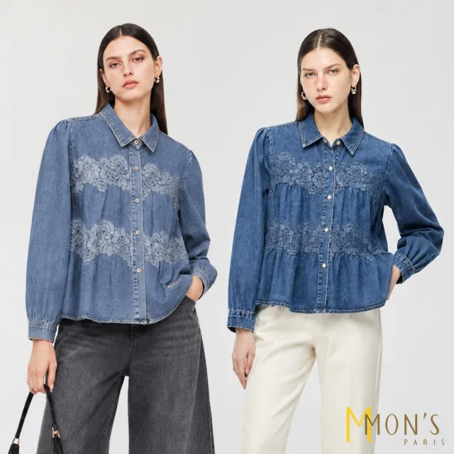 【MON’S】立體花蕾絲拼接傘擺牛仔衣(直)