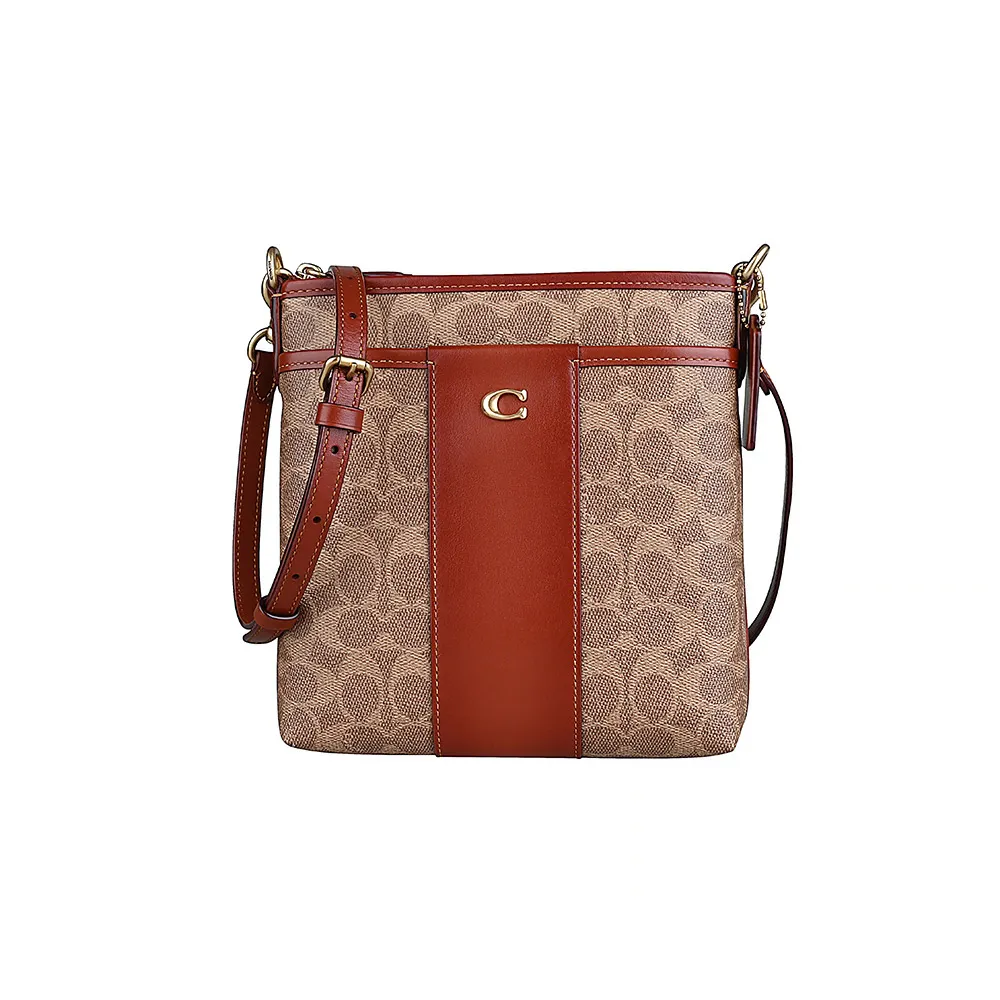【COACH】Kitt經典C LOGO拼接皮革塗層帆布斜背包(卡其x紅棕)