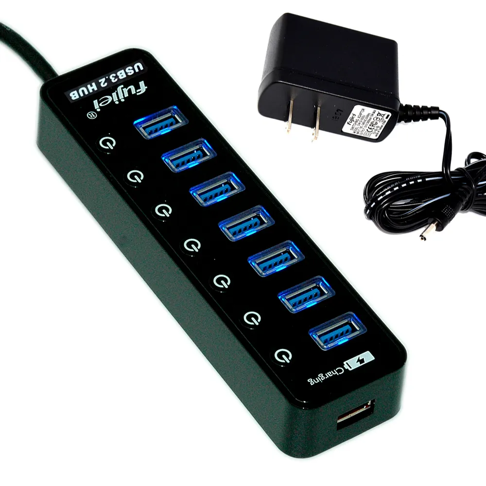 【Fujiei】7埠獨立電子開關USB3.2 HUB(附台灣製5V3A安規變壓器)
