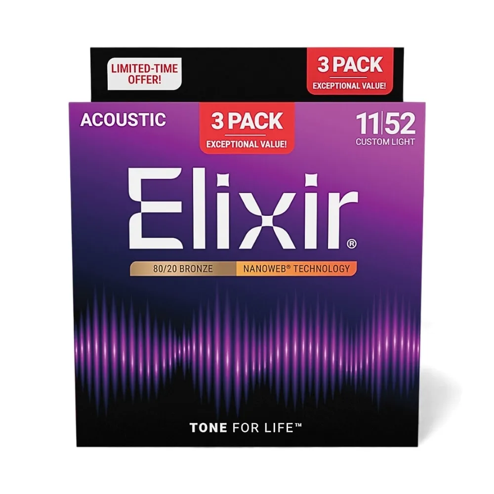 【ELIXIR】16564 三包裝薄膜木吉他弦 11-52 NANOWEB 黃銅 ／頂級持久耐用(民謠吉他弦 防鏽弦 包膜弦 琴弦)