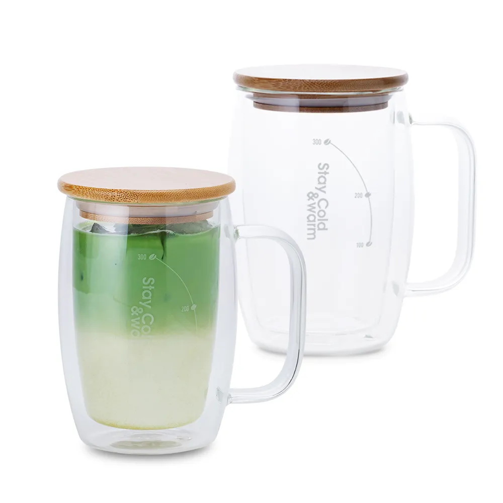【CookPower 鍋寶_買1送1】高硼硅晶透耐熱雙層玻璃杯400ml(附贈竹製杯蓋)