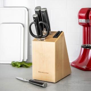 【KitchenAid】美國 Gourmet樺木刀座+刀具6件 黑 / 主廚刀 麵包刀 蔬果刀 萬用刀 剪刀 磨刀器