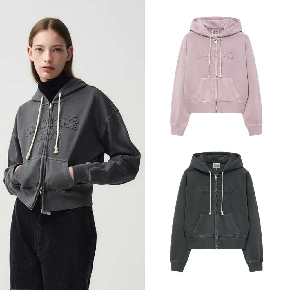 【MARITHE FRANCOIS GIRBAUD】官方旗艦 女版 復古染色縫製Logo短版連帽拉鍊外套 MFG(多款任選)