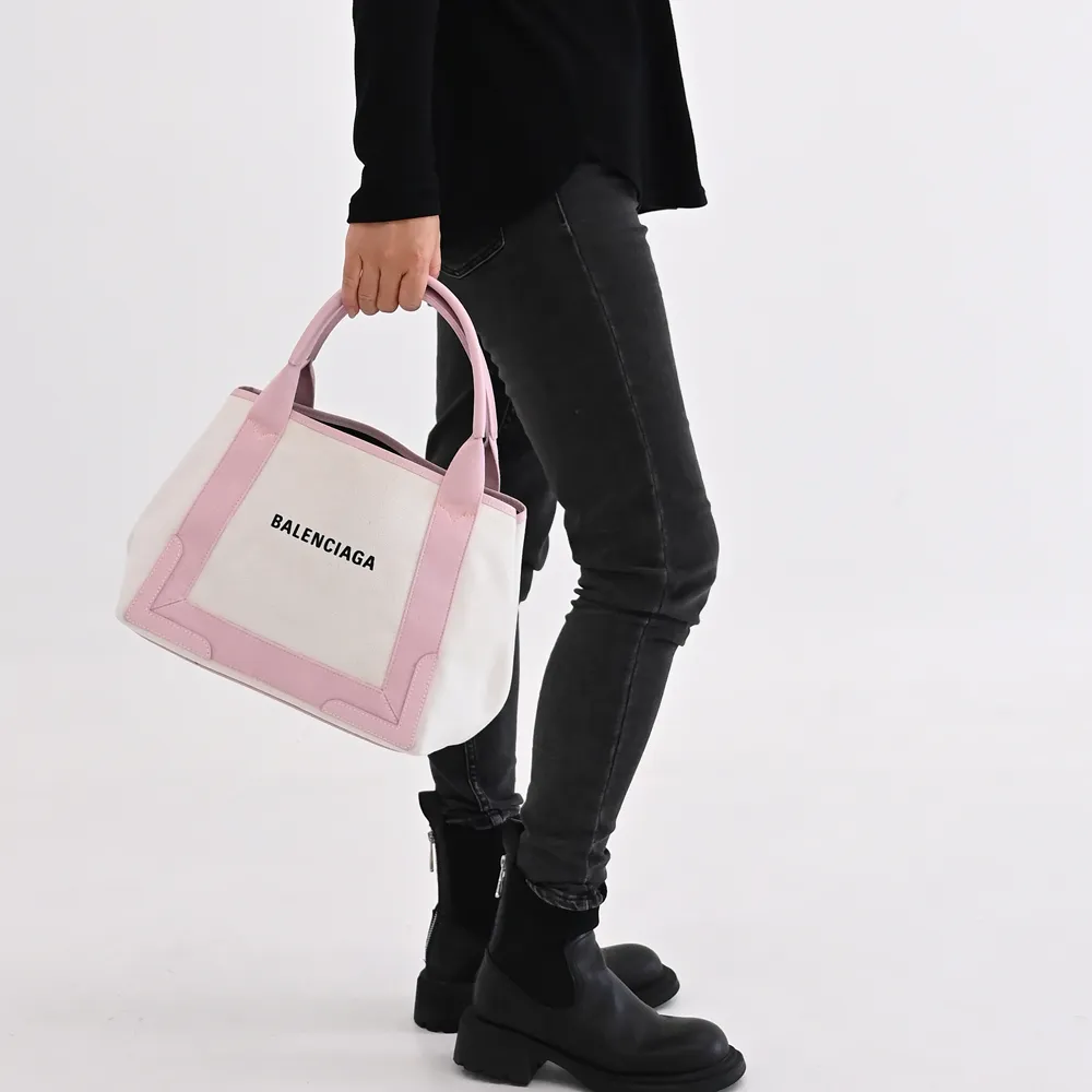 【Balenciaga 巴黎世家】NAVY 簡約LOGO厚帆布拼接附萬用袋大手提包托特包(米白)『entrupy安心購』