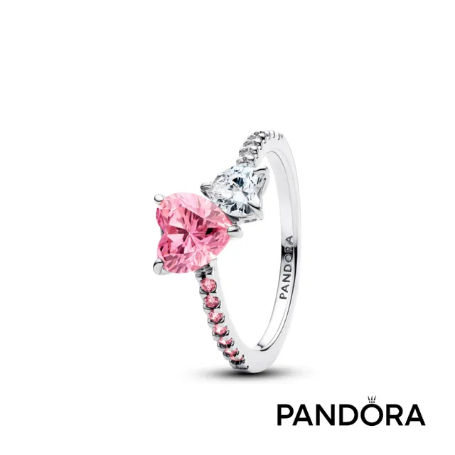 【Pandora 潘多拉】雙心璀璨戒指-925銀