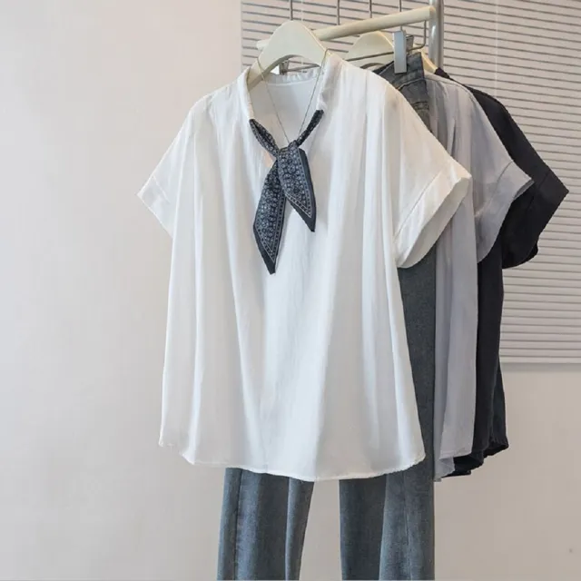 【ASister 小姊姊】AS2742#女裝｜上衣☆中大尺碼V領絲帶造型短袖上衣(3色 S-4XL)