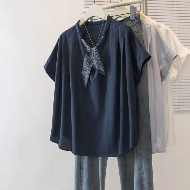 【ASister 小姊姊】AS2742#女裝｜上衣☆中大尺碼V領絲帶造型短袖上衣(3色 S-4XL)