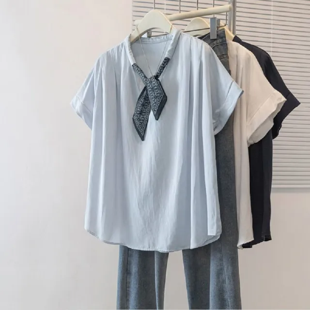 【ASister 小姊姊】AS2742#女裝｜上衣☆中大尺碼V領絲帶造型短袖上衣(3色 S-4XL)