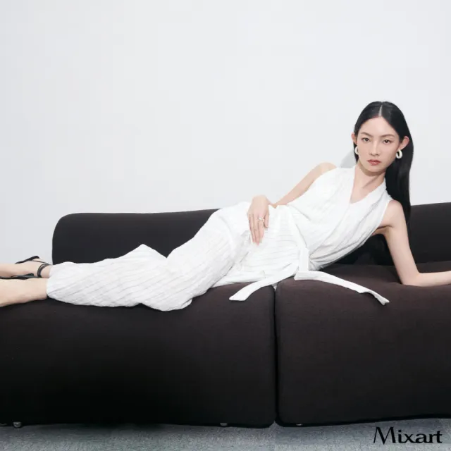 【Mixart】無袖套裝  智性美學 淨白條紋鬆弛感套裝