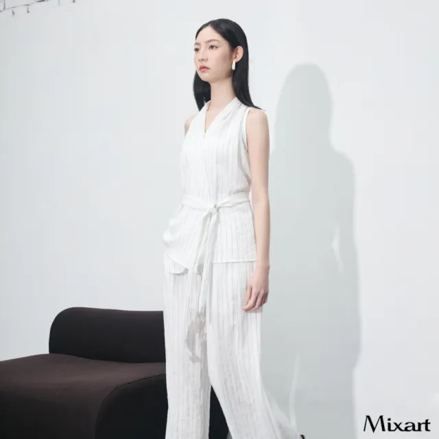 【Mixart】無袖套裝  智性美學 淨白條紋鬆弛感套裝