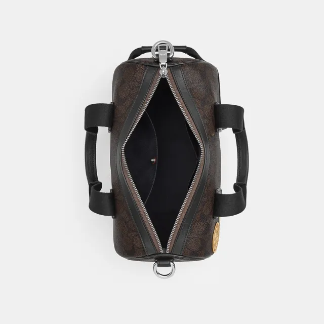 【COACH】蔻馳官方直營 EXPLORER 28 經典 SIGNATURE 貼飾行李袋 旅行袋 斜背包-SV/核桃棕色/黑色(CGA26)
