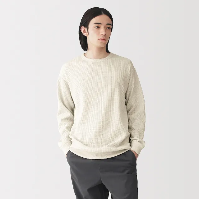 【MUJI 無印良品】男鬆餅紋圓領長袖T恤(淺灰/黑色/象牙白/藍色/暗藍/深摩卡棕)