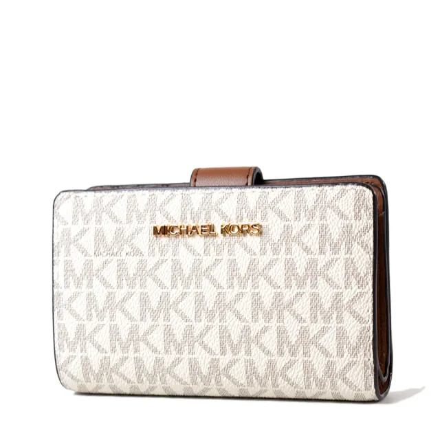 【Michael Kors】金字緹花小LOGO防刮皮革釦式中夾-香草白