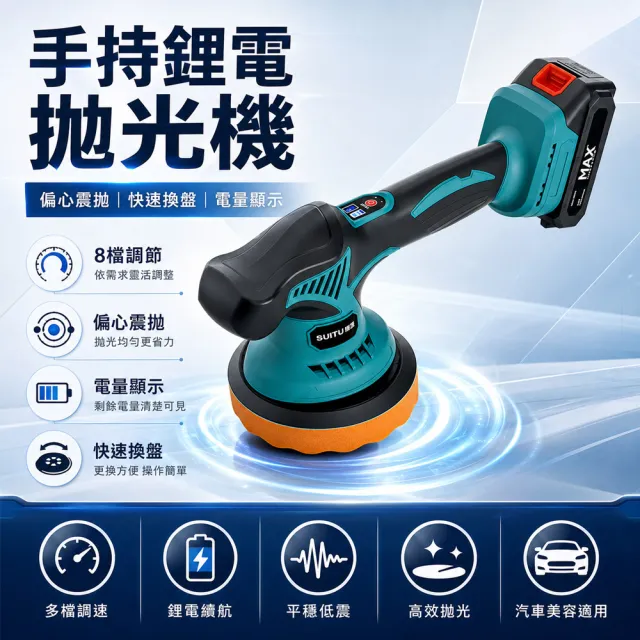 【RTAKO】無線充電式拋光機 DA拋光機 汽車美容打蠟機 21v鋰電池 偏心震拋 8檔調速 KQ(一電一充)