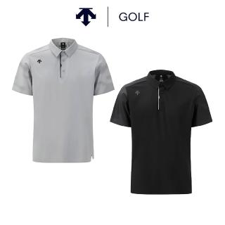 【DESCENTE】GOLF 迪桑特 Y-COLLARED 男款 高爾夫翻領上衣 涼感透氣 短袖POLO衫 短袖上衣 運動上衣(黑/灰)