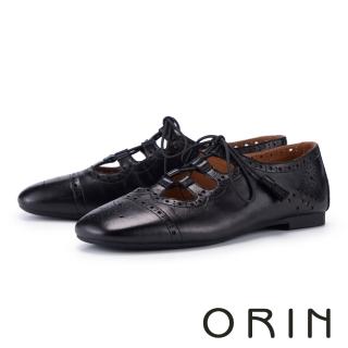 【ORIN】打蠟羊皮復古雕花綁帶牛津鞋 黑色