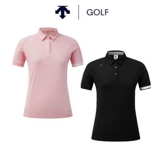 【DESCENTE】GOLF 迪桑特 AIRMESH 女款 高爾夫翻領上衣 透氣 短袖POLO衫 短袖上衣 運動上衣(黑色/粉色)