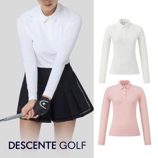 【DESCENTE】GOLF 迪桑特 COOLING 女款 高爾夫翻領上衣 透氣涼感 長袖POLO衫 長袖上衣 運動上衣(白色/粉色)