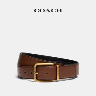 【COACH】蔻馳官方直營 方形滾筒針釦可裁剪雙面腰帶 38MM-AB/深馬鞍棕色 黑色(CQ015)